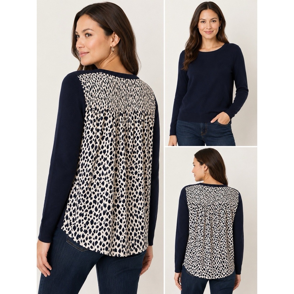 Ann Taylor Women's L Navy Sweater Animal Print Back Mixed Media Long Sleeve